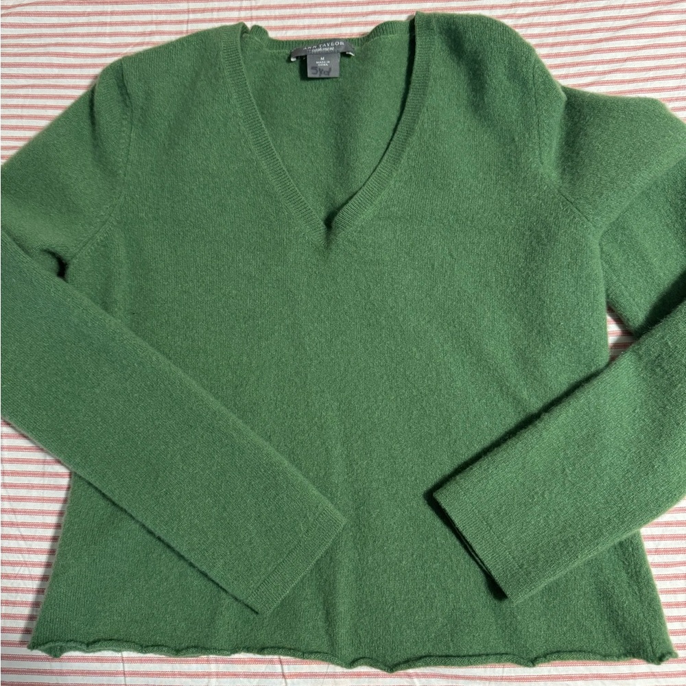 Ann Taylor Green and Red Striped Cashmere Sweater